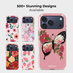 FloraFly Charm Crystal Series phone case for iPhone shown alongside other designs highlighting wide variety of floral and artistic styles