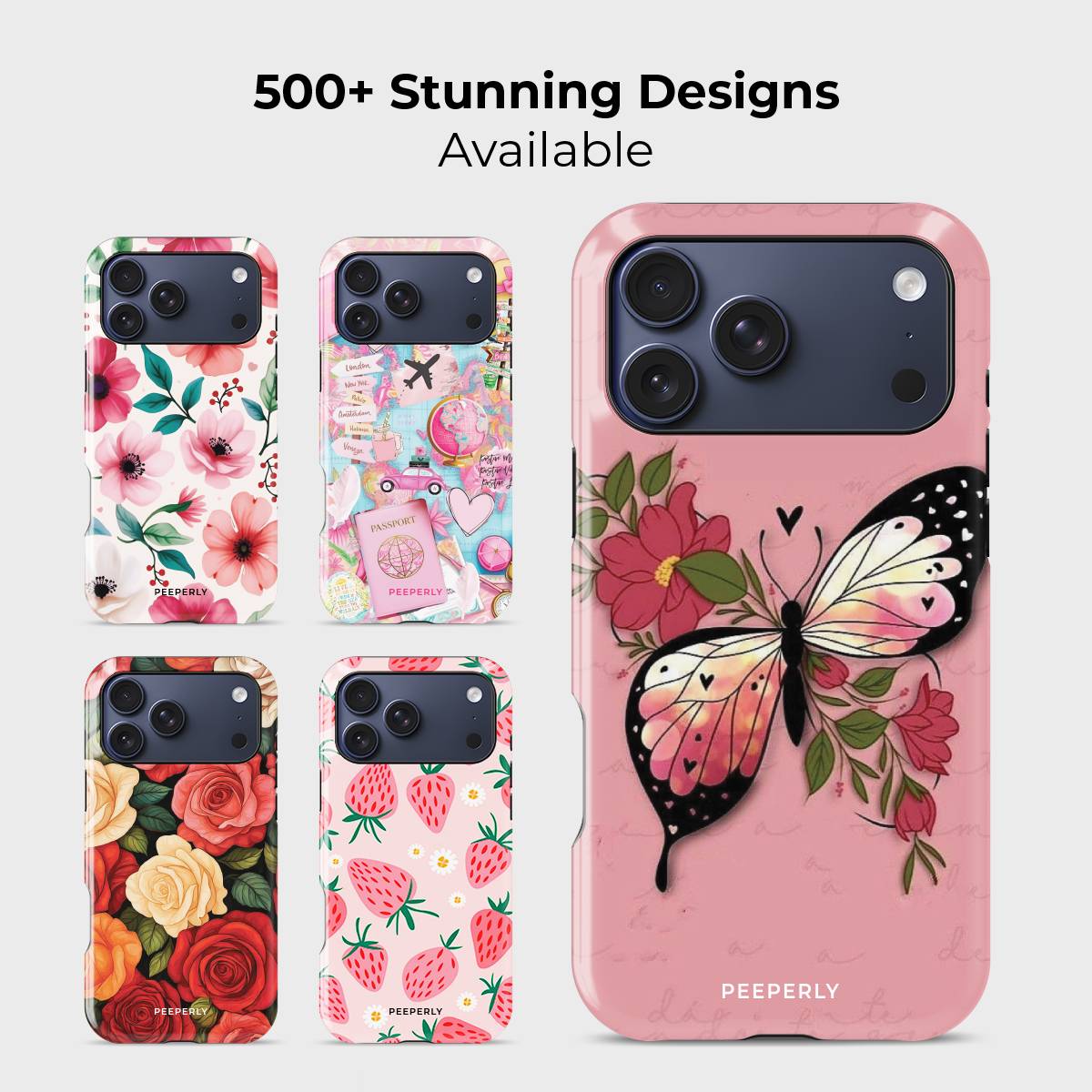 FloraFly Charm Crystal Series phone case for iPhone shown alongside other designs highlighting wide variety of floral and artistic styles
