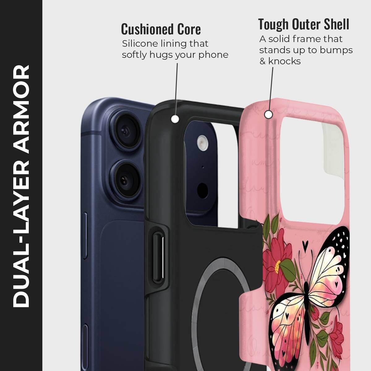 FloraFly Charm Crystal Series phone case for iPhone showing dual layer armor design