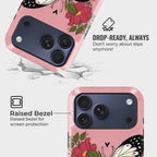 FloraFly Charm Crystal Series phone case for iPhone showing MagSafe compatible back with instant snap camera button access