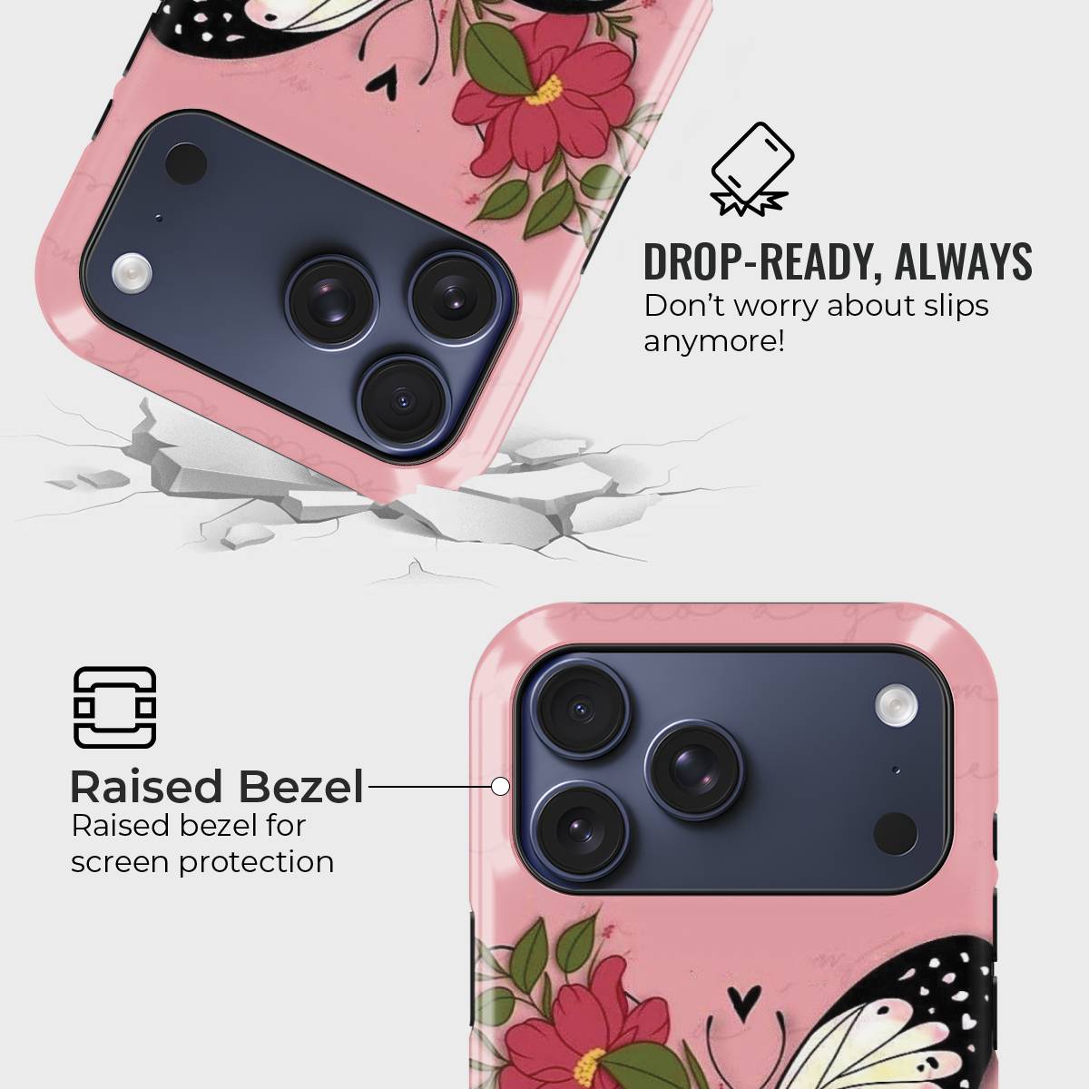 FloraFly Charm Crystal Series phone case for iPhone showing MagSafe compatible back with instant snap camera button access