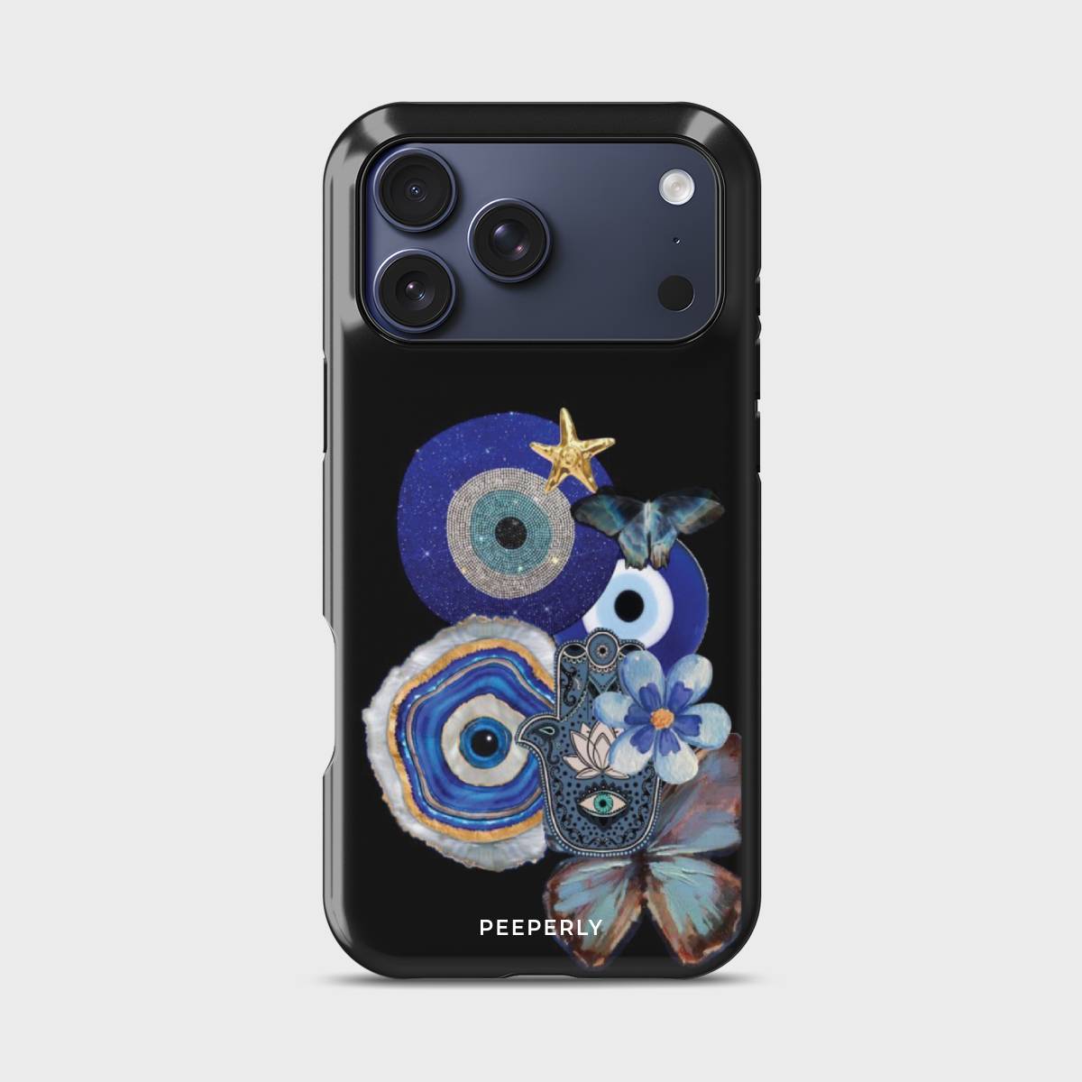 Mystic Aura Crystal Series phone case for iPhone showing detailed crystal design with glossy finish and raised camera bezel