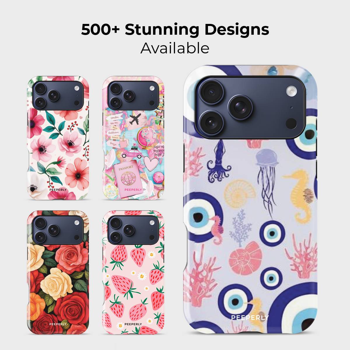 Marine Mirage Crystal Series phone case for iPhone shown alongside other designs highlighting wide variety of floral and artistic styles
