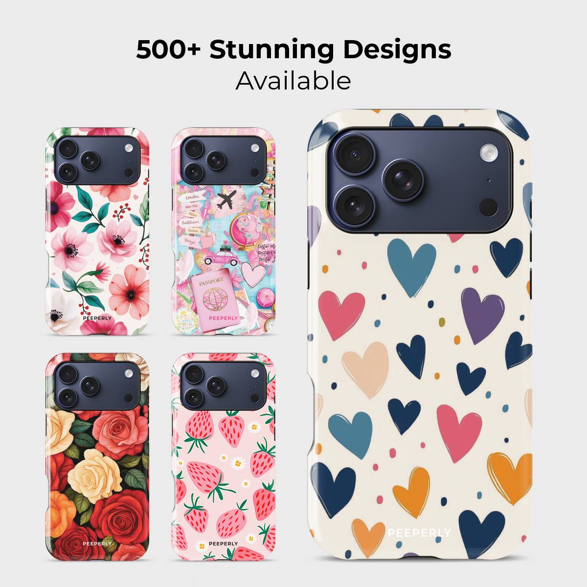 Vivid Heartbeats Crystal Series phone case for iPhone shown alongside other designs highlighting wide variety of floral and artistic styles