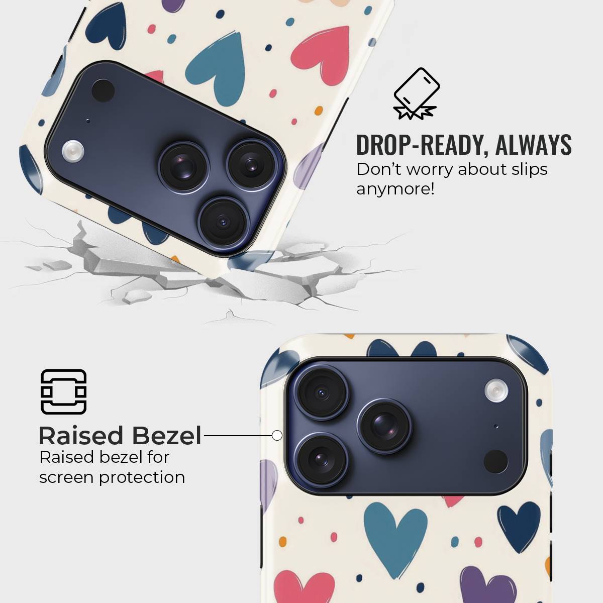 Vivid Heartbeats Crystal Series phone case for iPhone showing MagSafe compatible back with instant snap camera button access