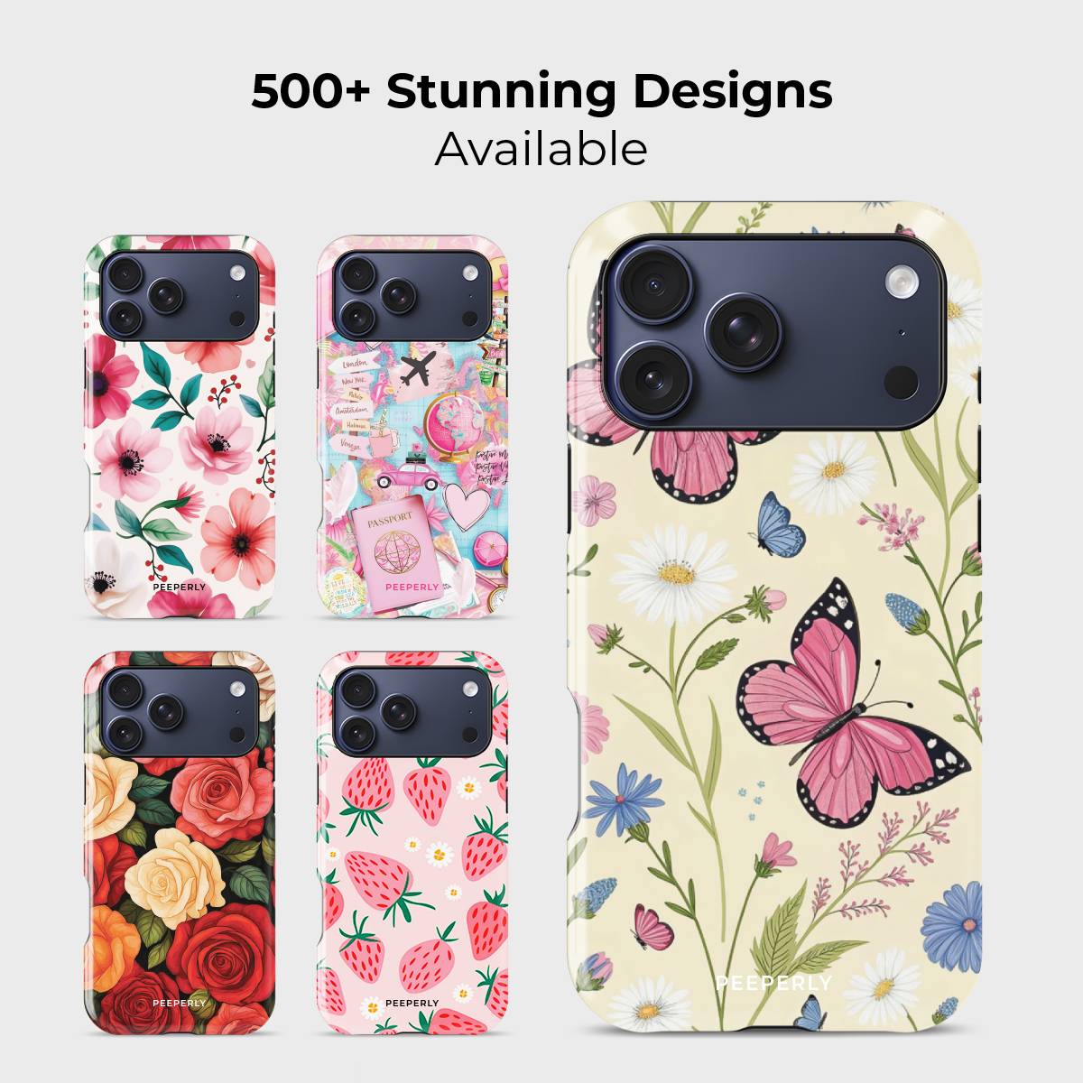Winged Nature Crystal Series phone case for iPhone shown alongside other designs highlighting wide variety of floral and artistic styles
