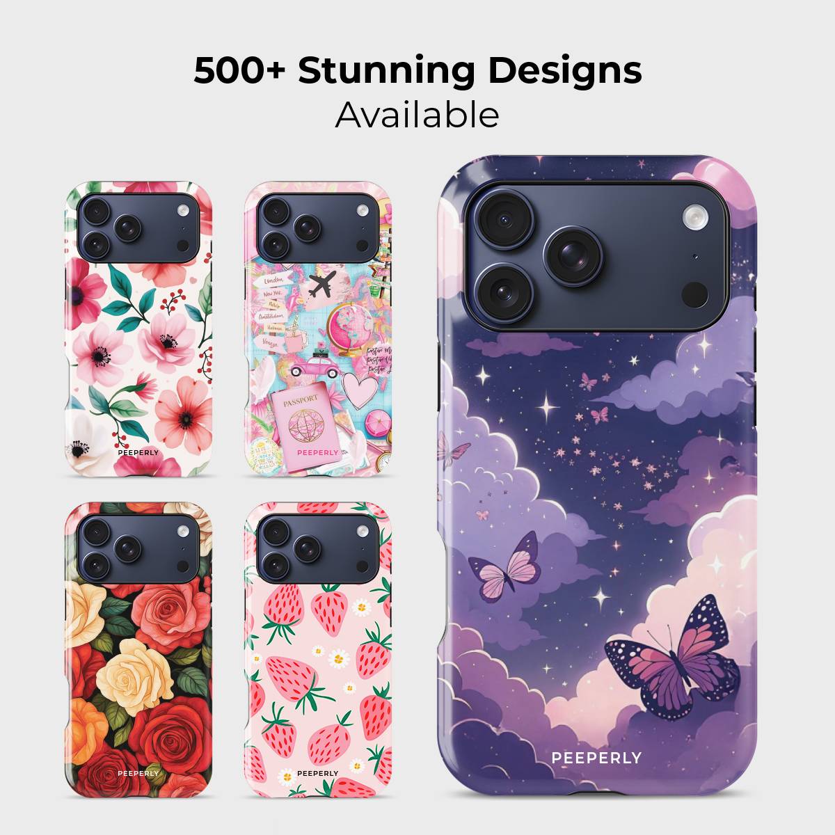 Starfield Soar Crystal Series phone case for iPhone shown alongside other designs highlighting wide variety of floral and artistic styles