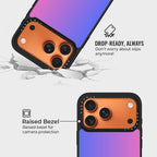 Pixel Sunset Signature Series phone case for iPhone showing raised bezel protection and impact resistant design in drop test view
