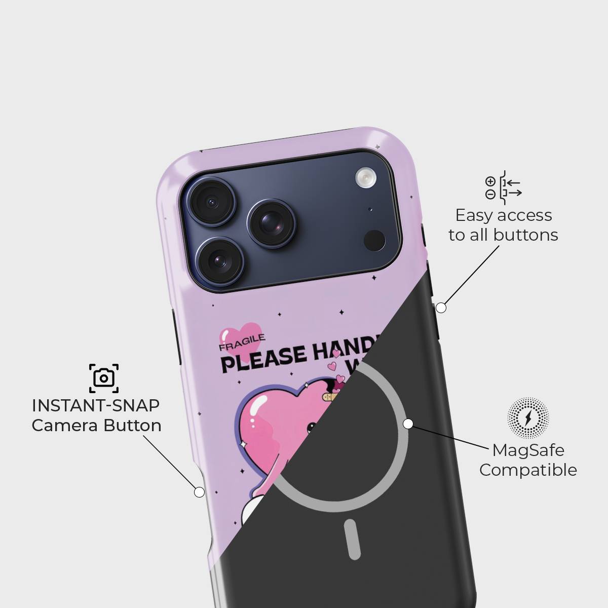 Handle My Heart Crystal Series phone case for iPhone showing raised bezel protection and impact resistant design in drop test view