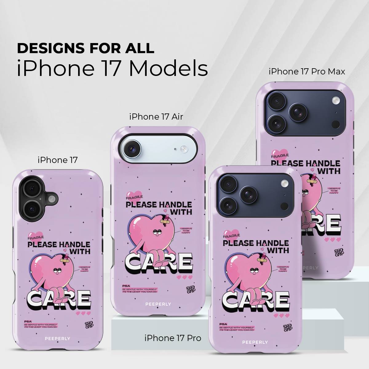 Handle My Heart Crystal Series phone case for iPhone showing designs available across multiple iPhone models and sizes