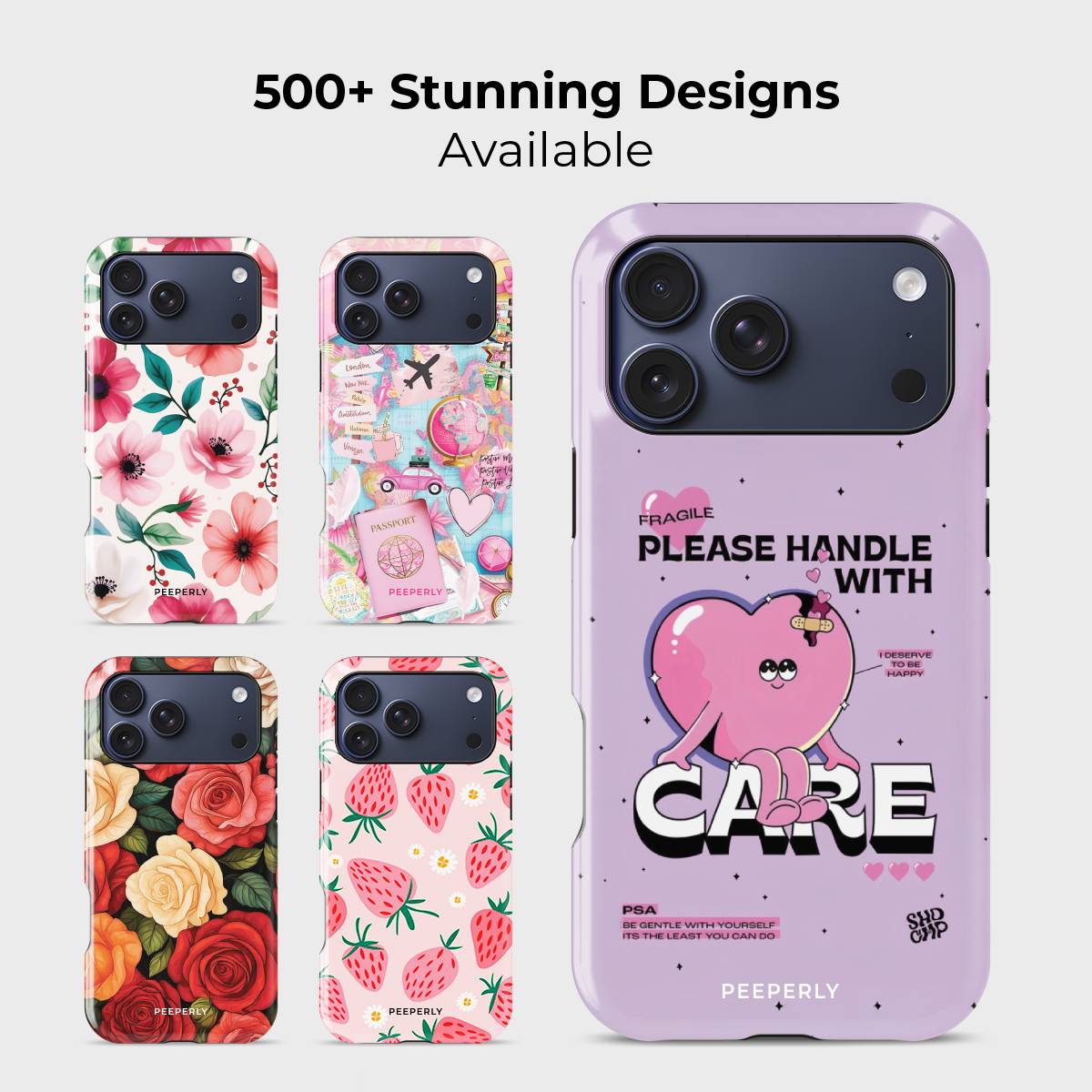Handle My Heart Crystal Series phone case for iPhone shown alongside other designs highlighting wide variety of floral and artistic styles