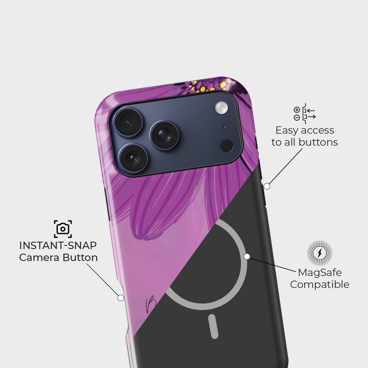 Petal Dreams Crystal Series phone case for iPhone showing raised bezel protection and impact resistant design in drop test view