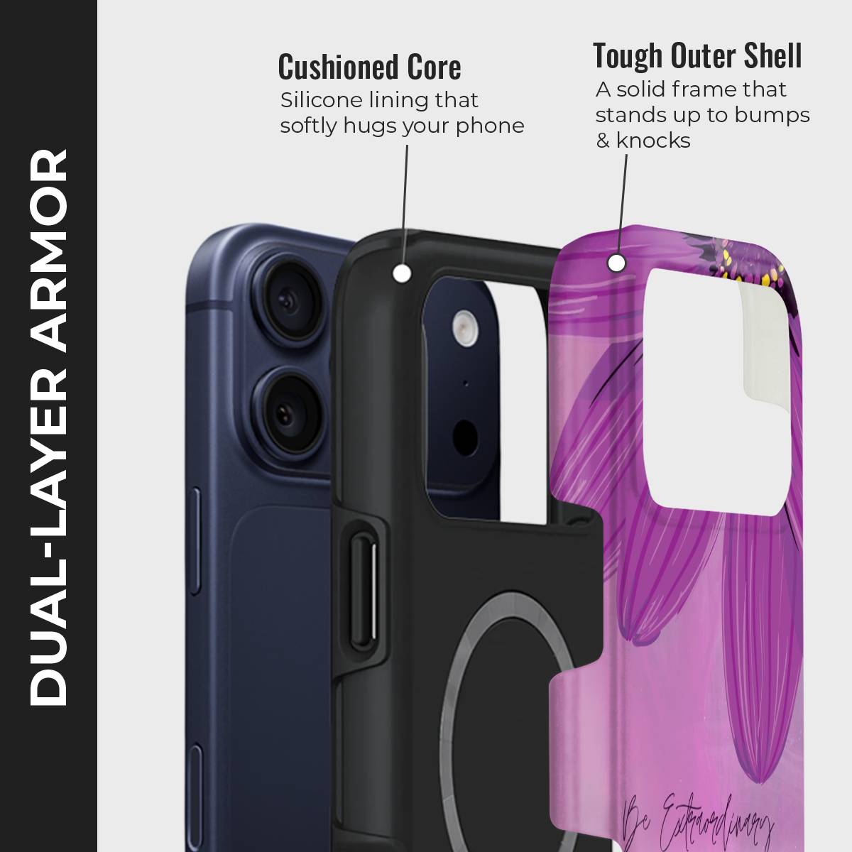 Petal Dreams Crystal Series phone case for iPhone showing dual layer armor design