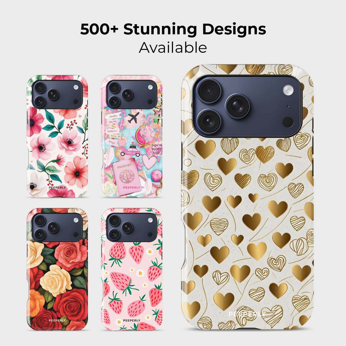 Shine with Love Crystal Series phone case for iPhone shown alongside other designs highlighting wide variety of floral and artistic styles