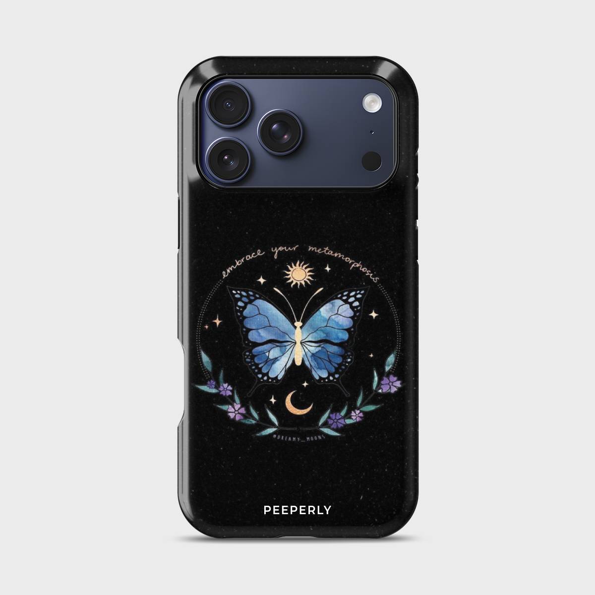 Cosmic Monarch Crystal Series phone case for iPhone showing detailed crystal design with glossy finish and raised camera bezel