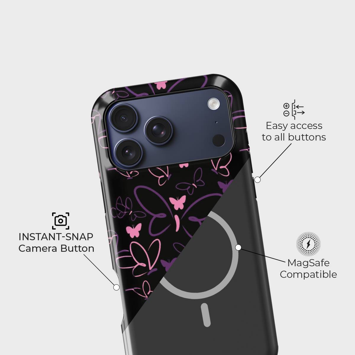 Neon Wings Crystal Series phone case for iPhone showing raised bezel protection and impact resistant design in drop test view