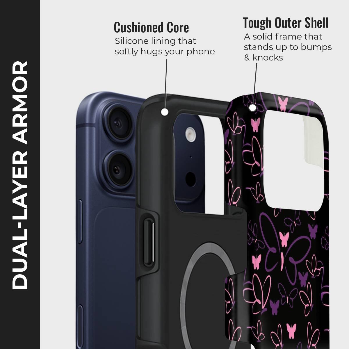 Neon Wings Crystal Series phone case for iPhone showing dual layer armor design