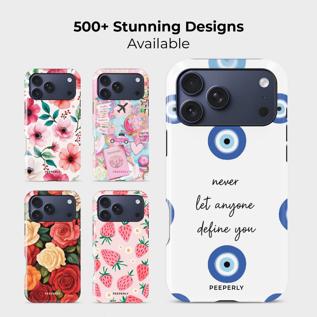 Selfhood Crystal Series phone case for iPhone shown alongside other designs highlighting wide variety of floral and artistic styles