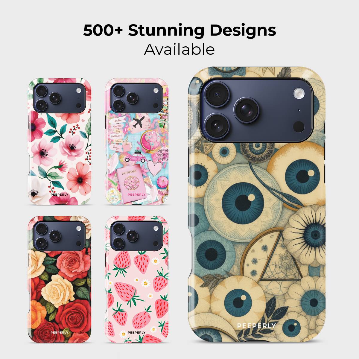 Vigilis Crystal Series phone case for iPhone shown alongside other designs highlighting wide variety of floral and artistic styles