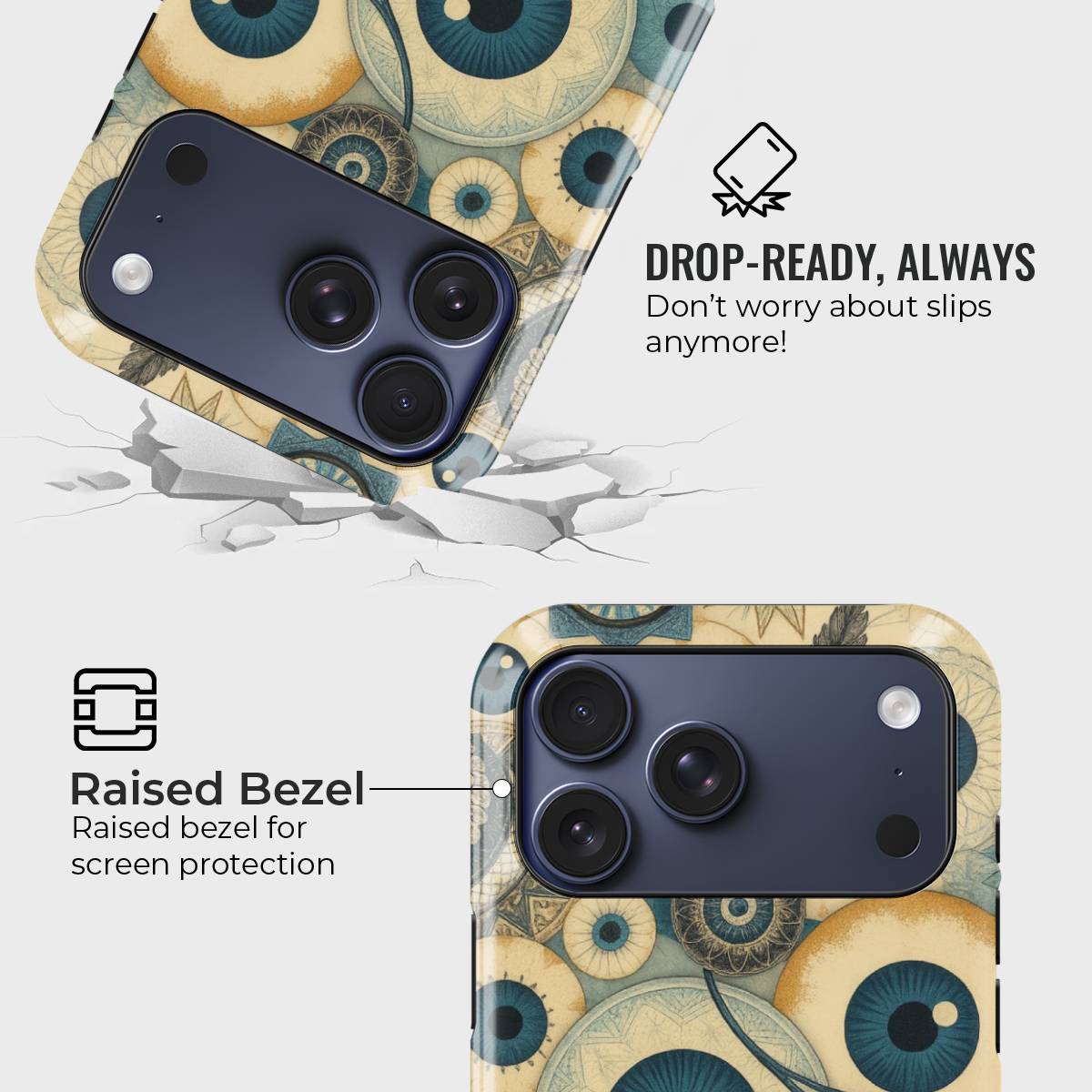 Vigilis Crystal Series phone case for iPhone showing MagSafe compatible back with instant snap camera button access