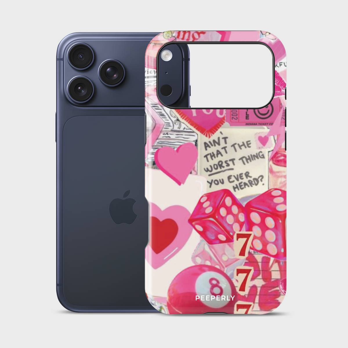 Cupid’s Arcade Crystal Series phone case for iPhone showing full back design with precise camera cutout and slim profile fit