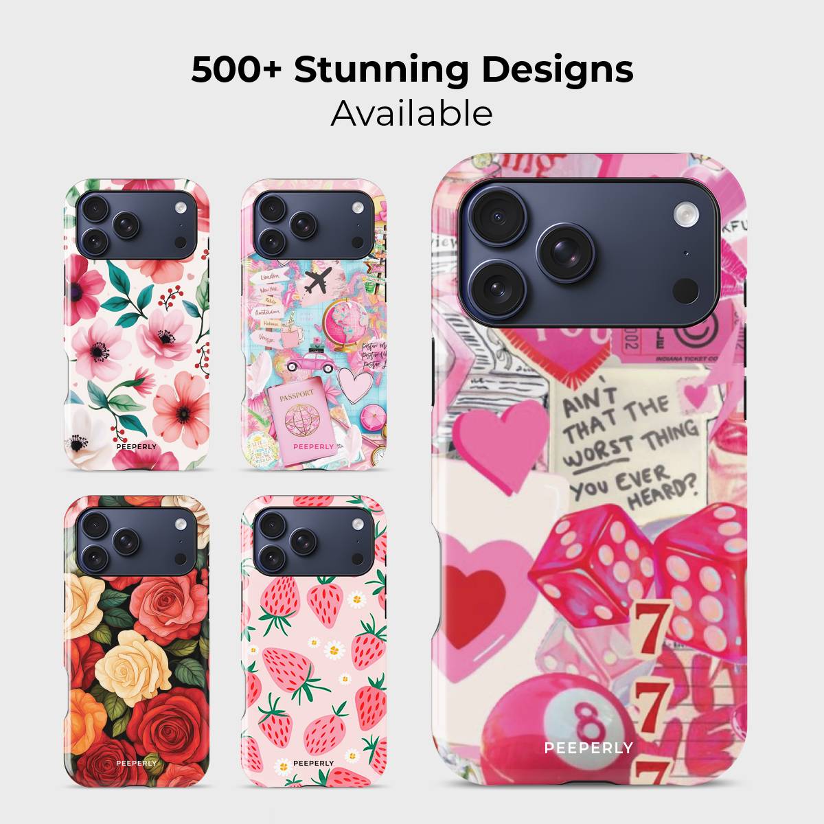 Cupid’s Arcade Crystal Series phone case for iPhone shown alongside other designs highlighting wide variety of floral and artistic styles