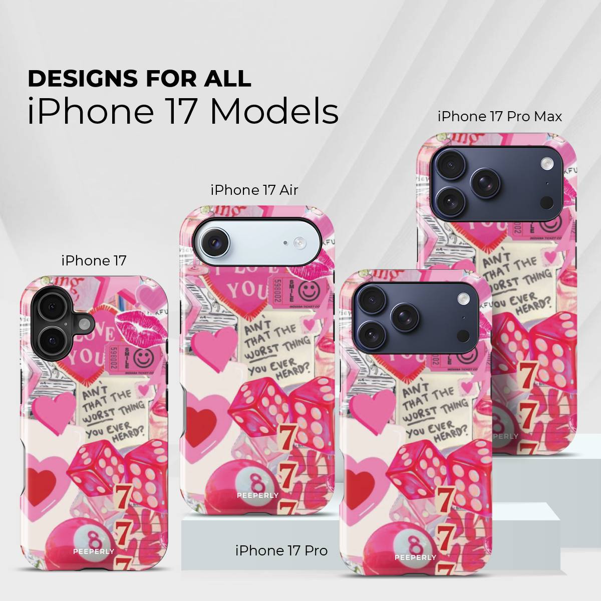 Cupid’s Arcade Crystal Series phone case for iPhone showing designs available across multiple iPhone models and sizes