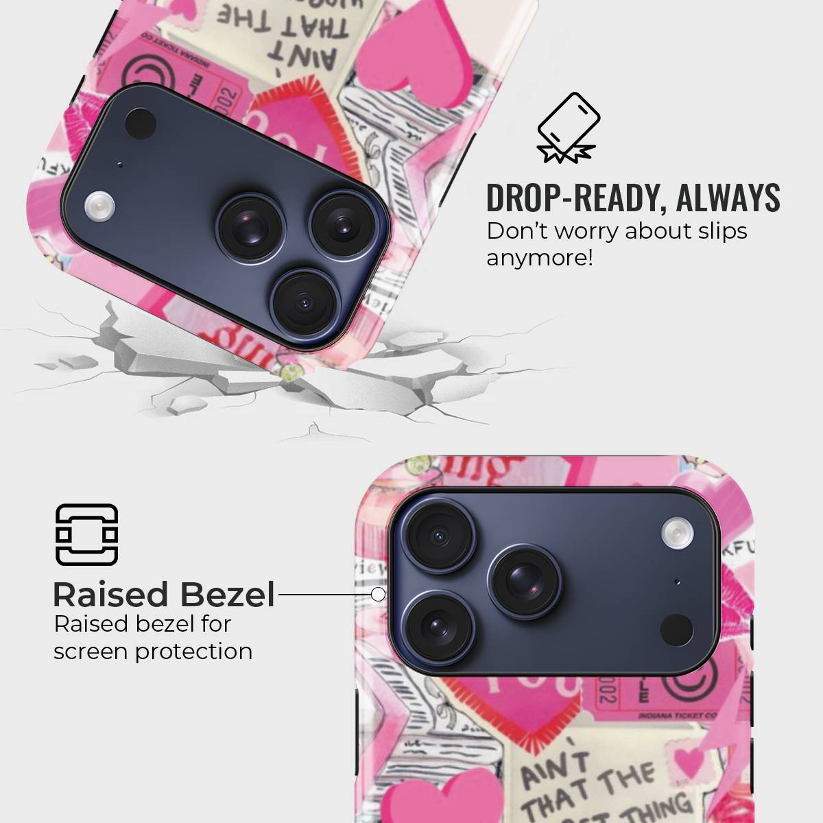 Cupid’s Arcade Crystal Series phone case for iPhone showing MagSafe compatible back with instant snap camera button access