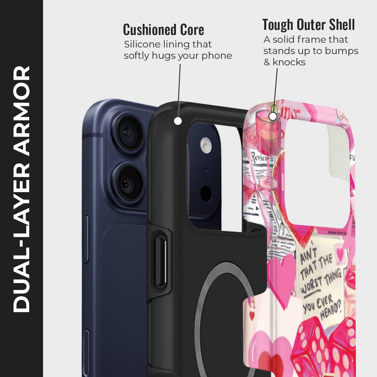 Cupid’s Arcade Crystal Series phone case for iPhone showing dual layer armor design