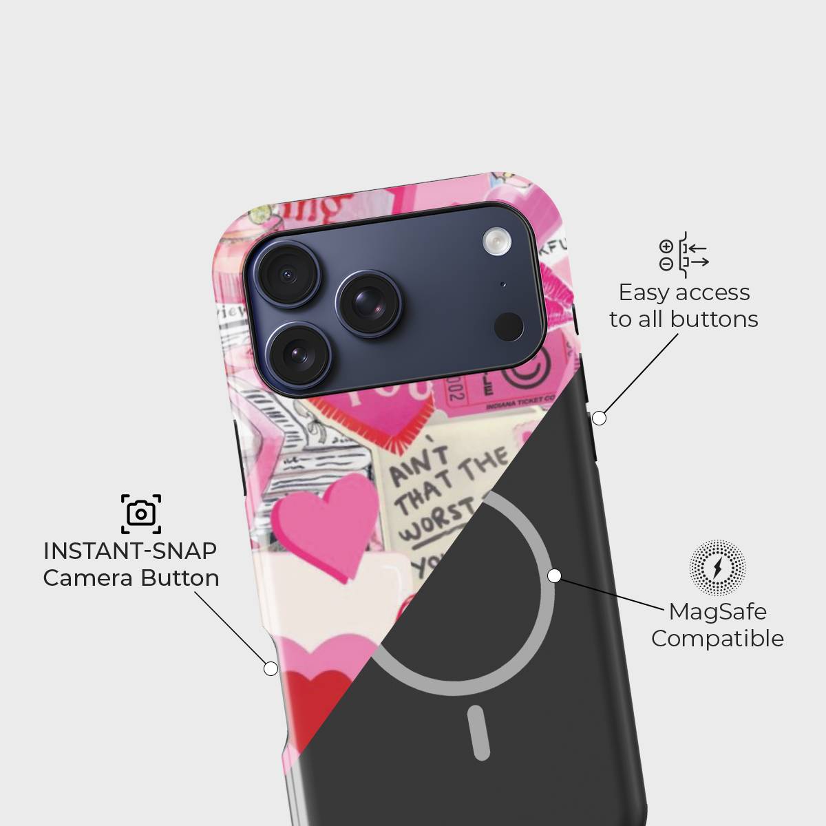 Cupid’s Arcade Crystal Series phone case for iPhone showing raised bezel protection and impact resistant design in drop test view