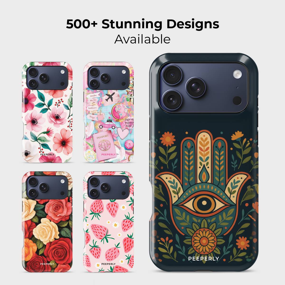 Eye Of Harmony Crystal Series phone case for iPhone shown alongside other designs highlighting wide variety of floral and artistic styles