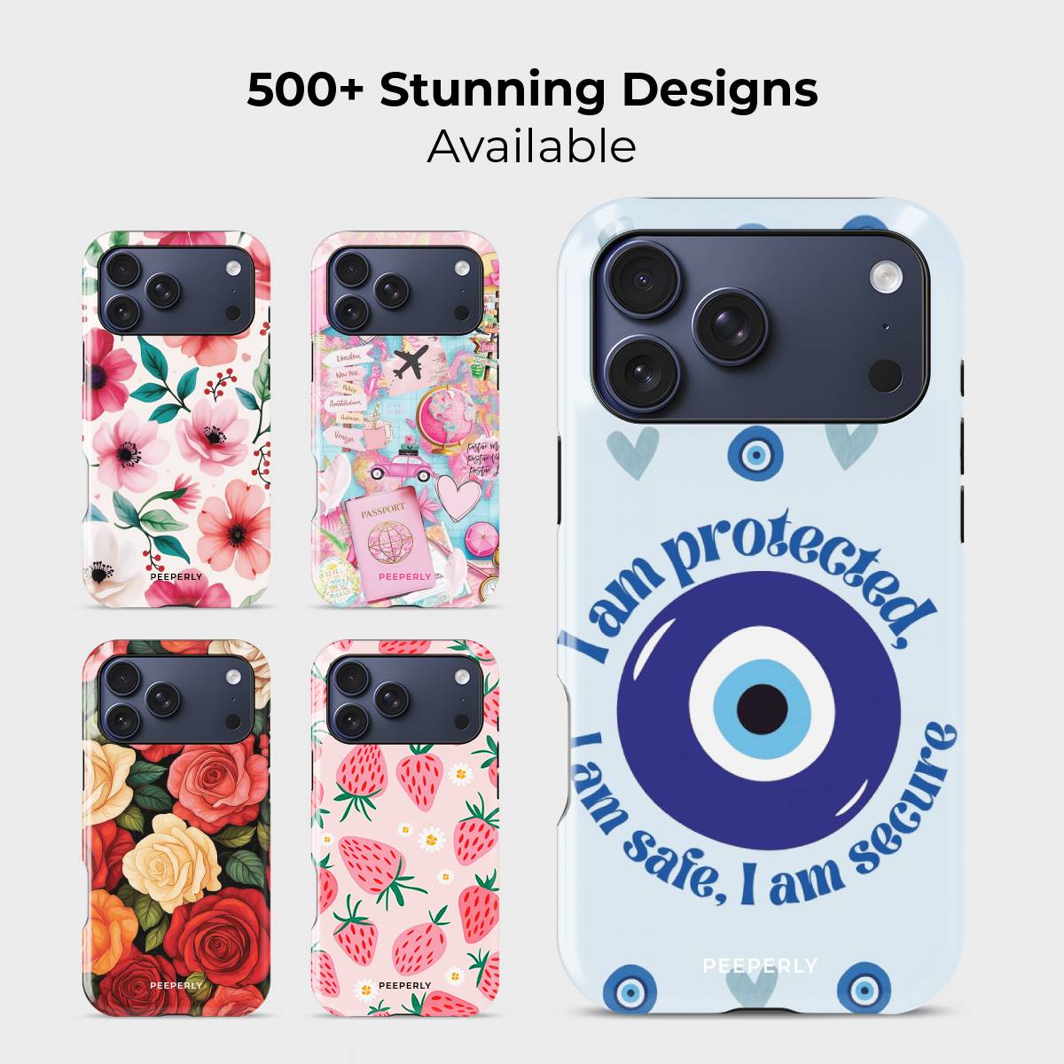 Glaziel Crystal Series phone case for iPhone shown alongside other designs highlighting wide variety of floral and artistic styles