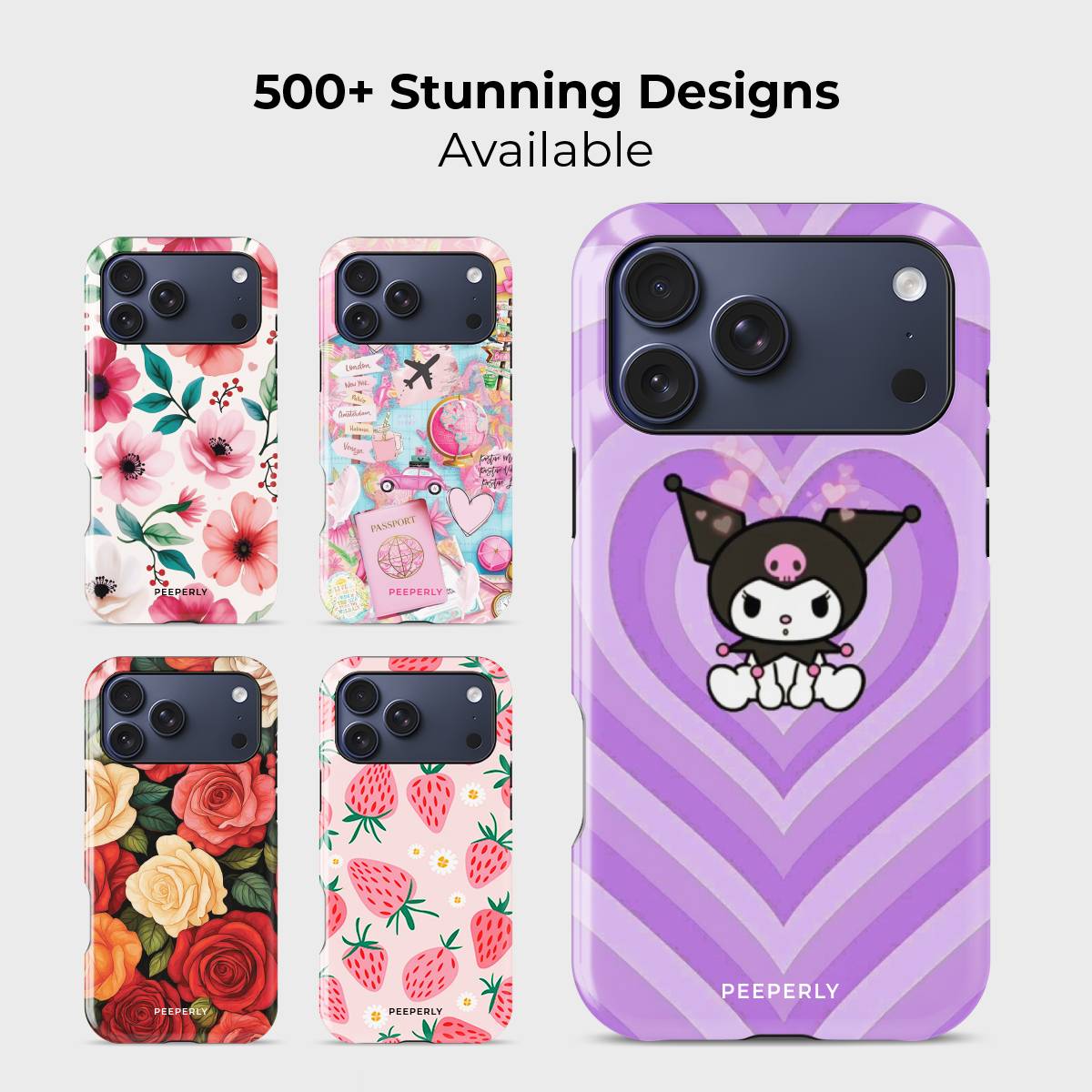 Heart Havoc Crystal Series phone case for iPhone shown alongside other designs highlighting wide variety of floral and artistic styles