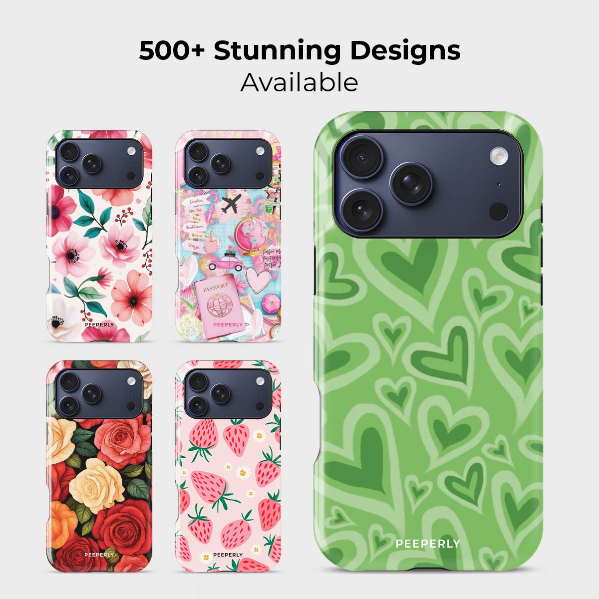 Nature’s Valentine Crystal Series phone case for iPhone shown alongside other designs highlighting wide variety of floral and artistic styles