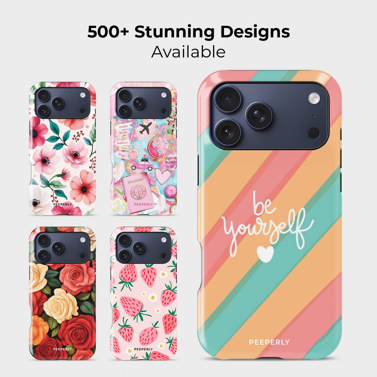 True Confidence Crystal Series phone case for iPhone shown alongside other designs highlighting wide variety of floral and artistic styles