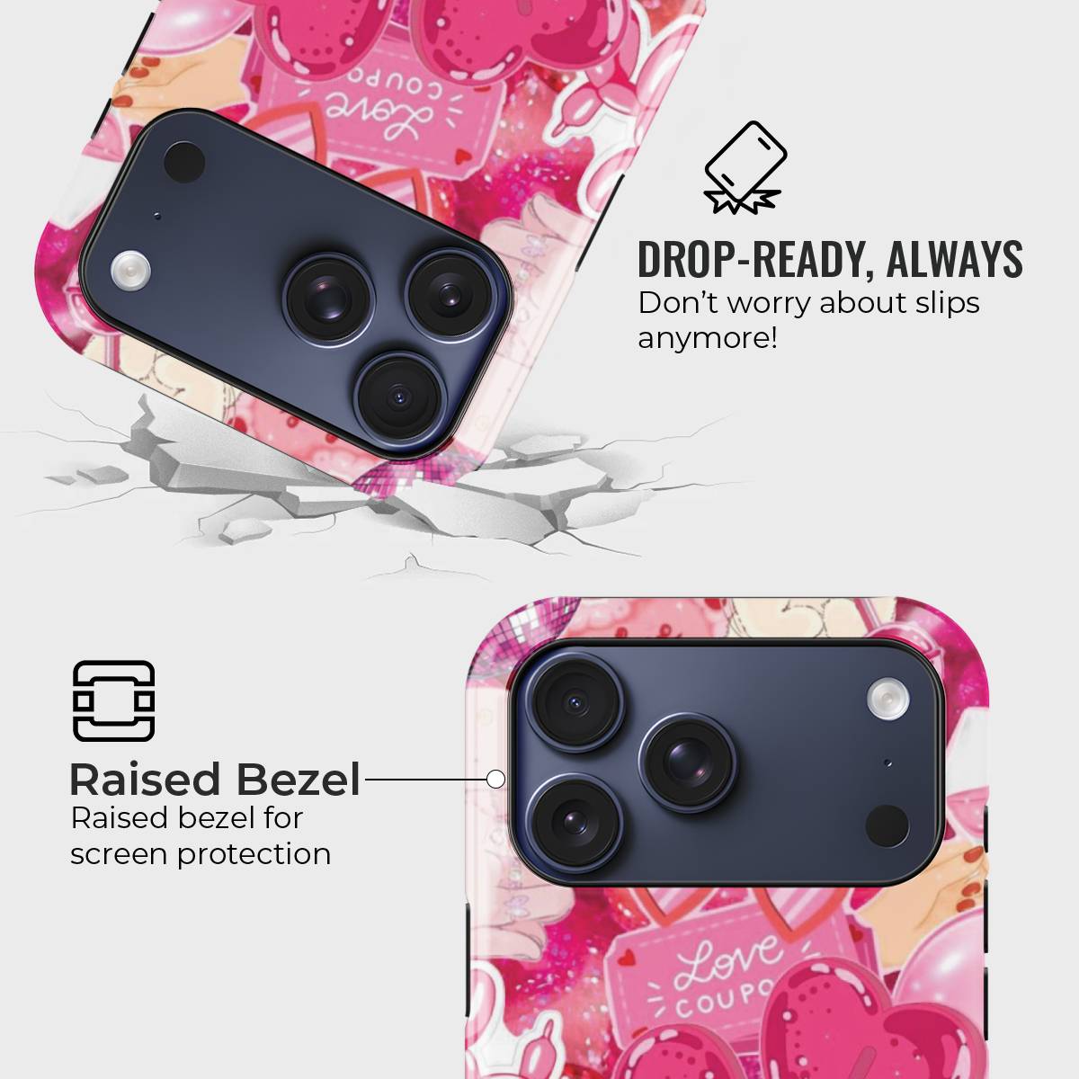 Valentine Love Crystal Series phone case for iPhone showing MagSafe compatible back with instant snap camera button access