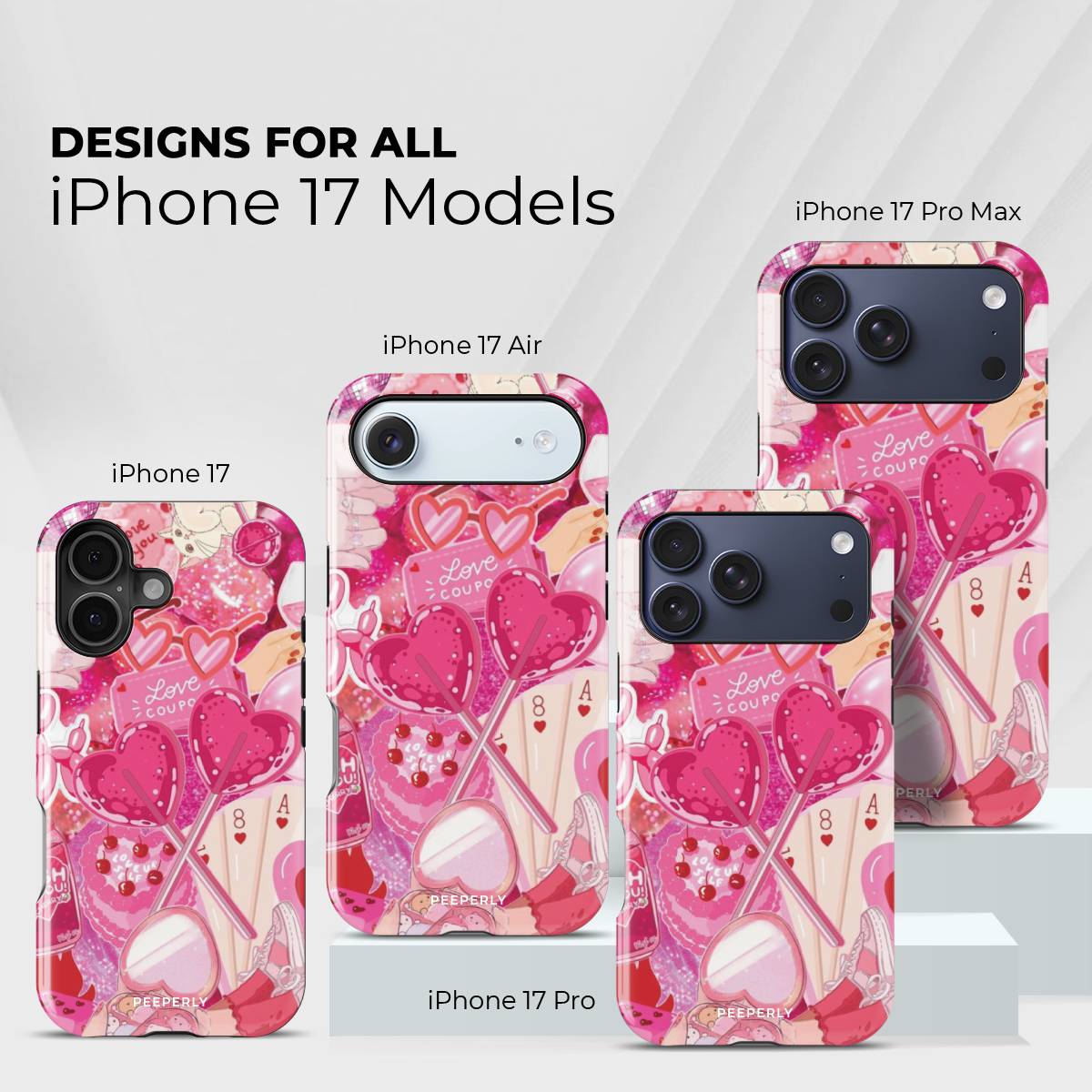 Valentine Love Crystal Series phone case for iPhone showing designs available across multiple iPhone models and sizes