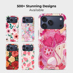 Valentine Love Crystal Series phone case for iPhone shown alongside other designs highlighting wide variety of floral and artistic styles