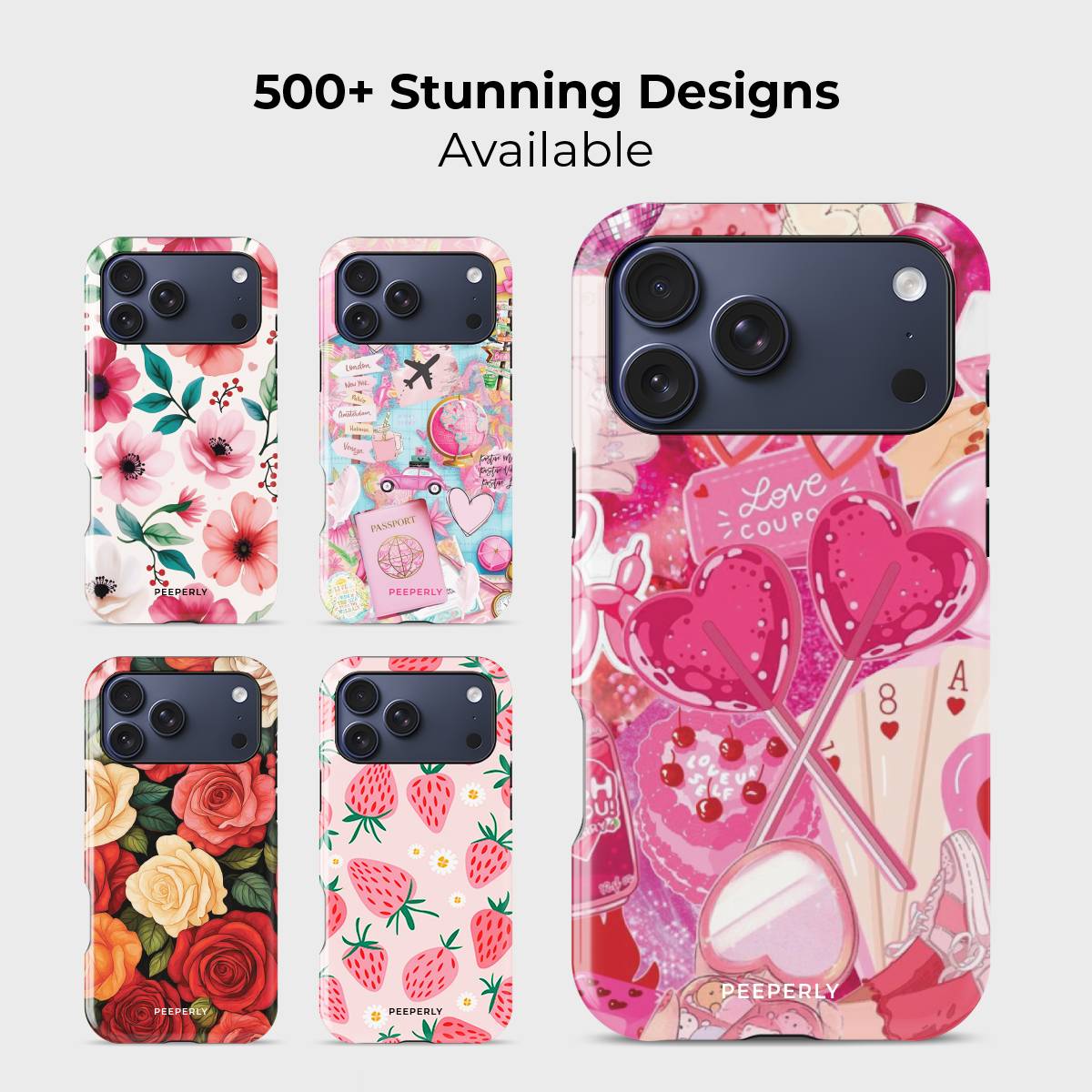 Valentine Love Crystal Series phone case for iPhone shown alongside other designs highlighting wide variety of floral and artistic styles