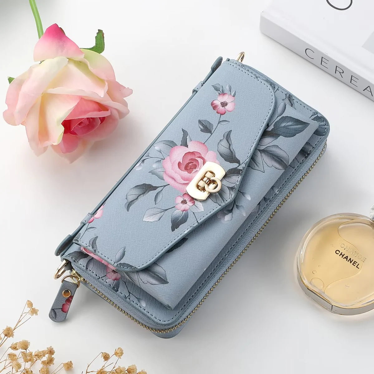 Flower Embellished Zipper Purse and Wallet Duo Case