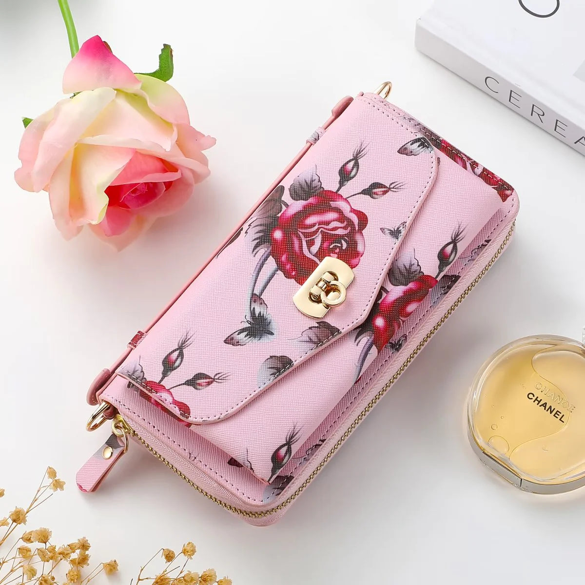 Flower Embellished Zipper Purse and Wallet Duo Case