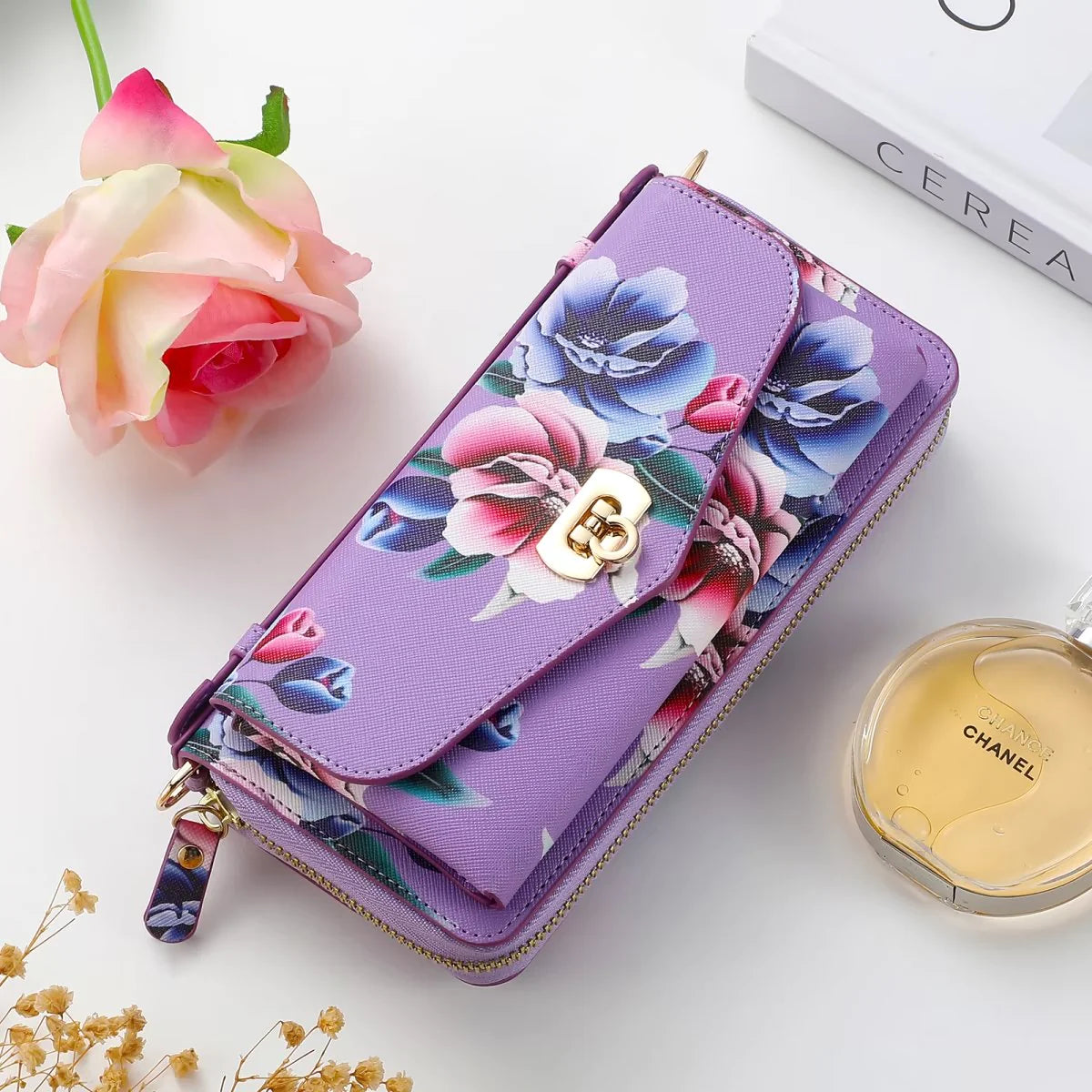 Flower Embellished Zipper Purse and Wallet Duo Case