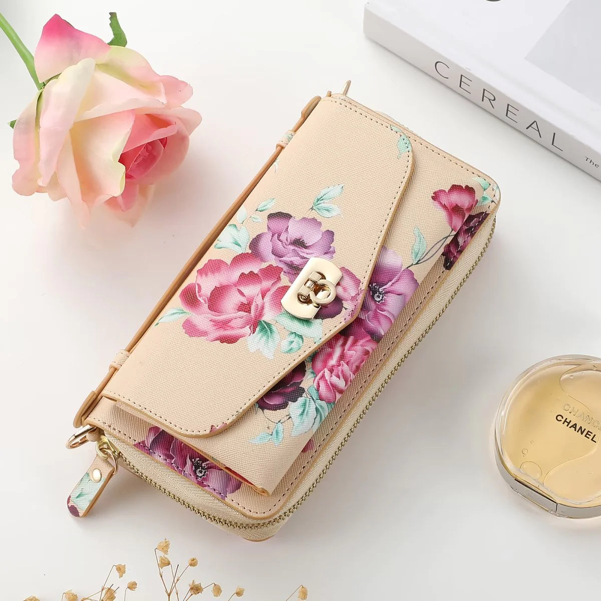 Flower Embellished Zipper Purse and Wallet Duo Case