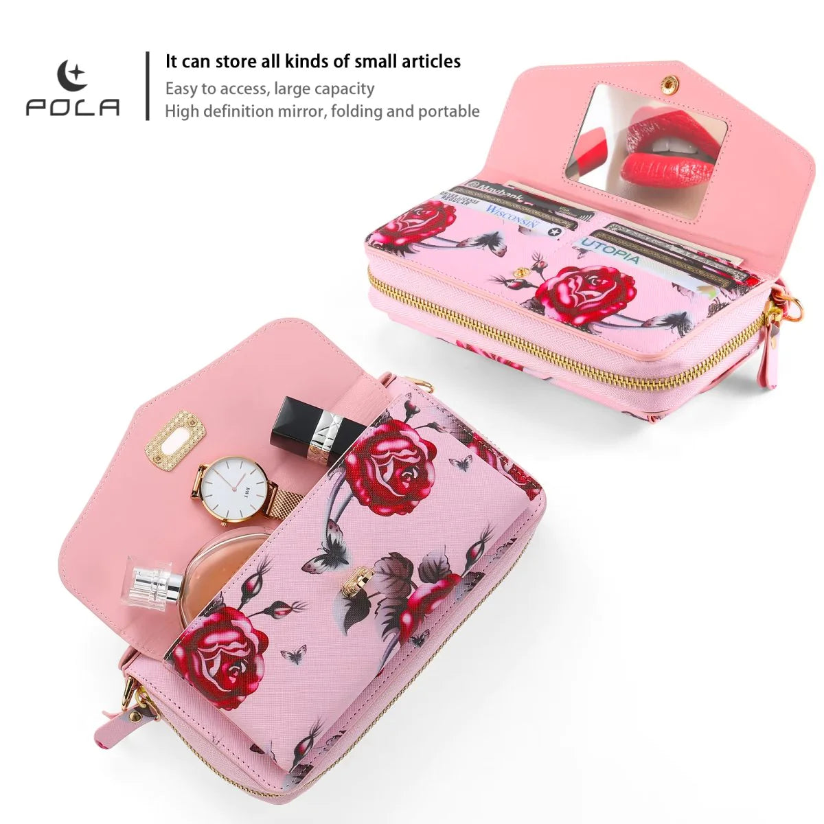 Flower Embellished Zipper Purse and Wallet Duo Case