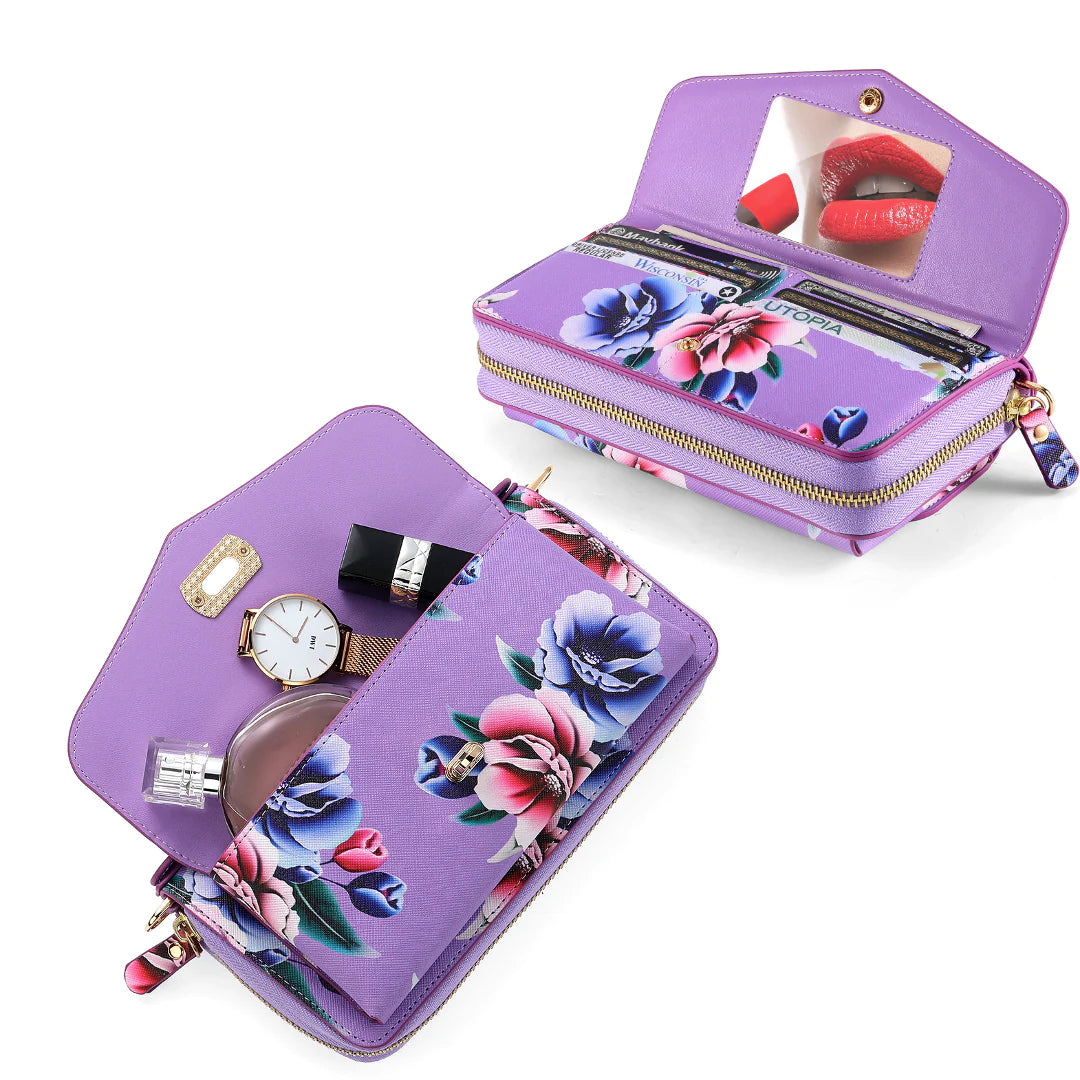 Flower Embellished Zipper Purse and Wallet Duo Case