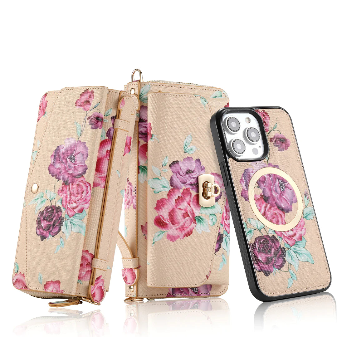 Flower Embellished Zipper Purse and Wallet Duo Case