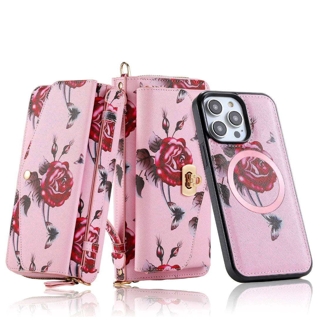 Flower Embellished Zipper Purse and Wallet Duo Case