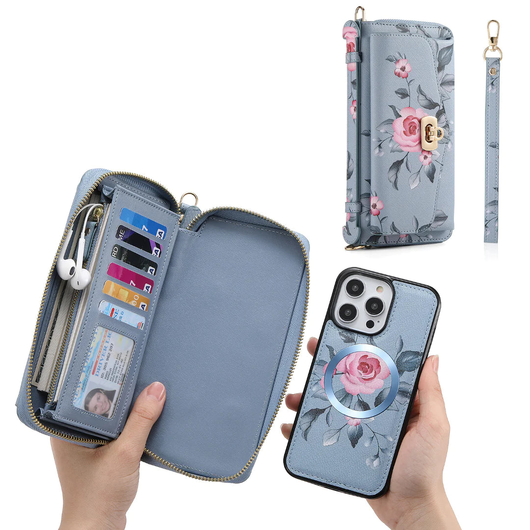 Flower Embellished Zipper Purse and Wallet Duo Case