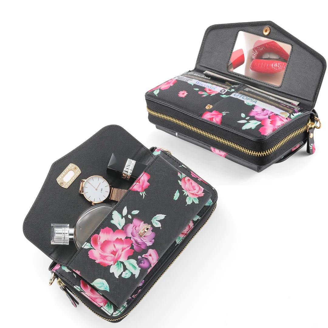 Flower Embellished Zipper Purse and Wallet Duo Case