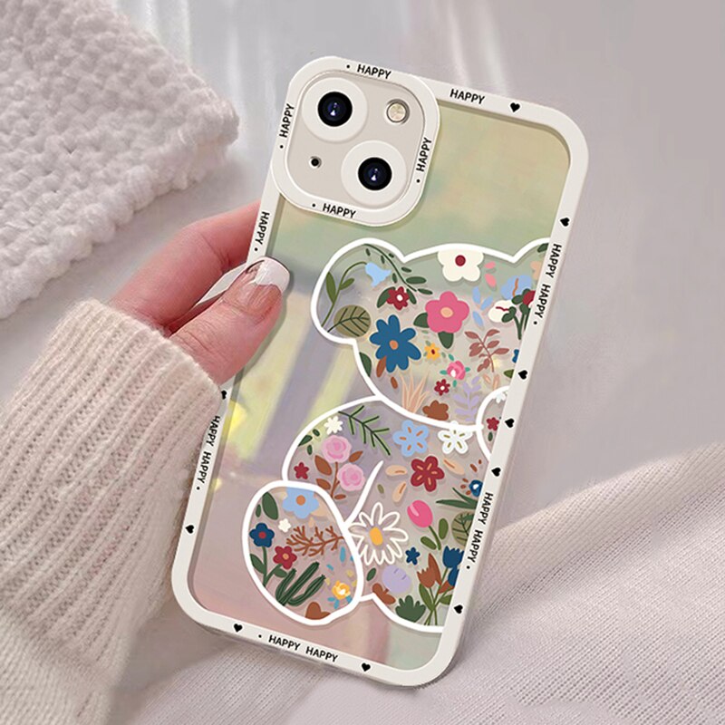 Reflective Laser Cute Bear Flower Phone Case